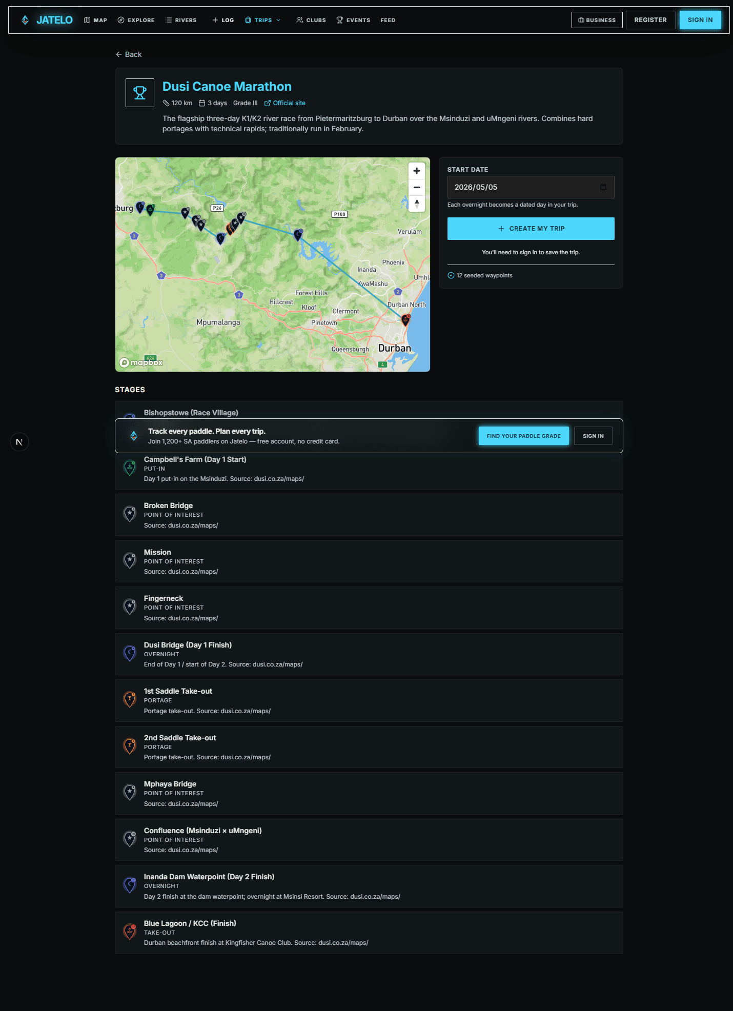 Jatelo trip planner preset page showing the Dusi Canoe Marathon route on an interactive map with overnight stages