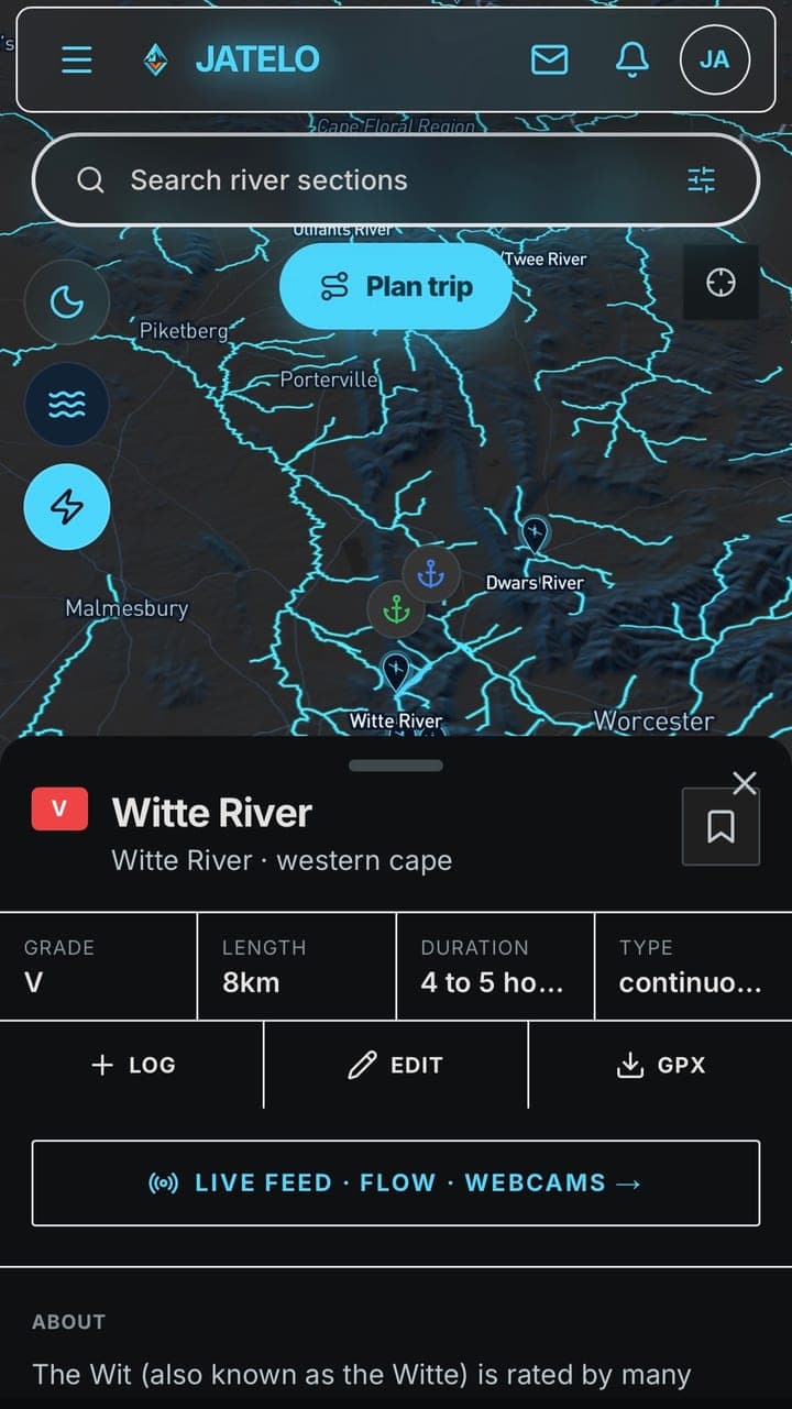 Jatelo river sections — Witte River in Western Cape, with live grade, length, duration and section data