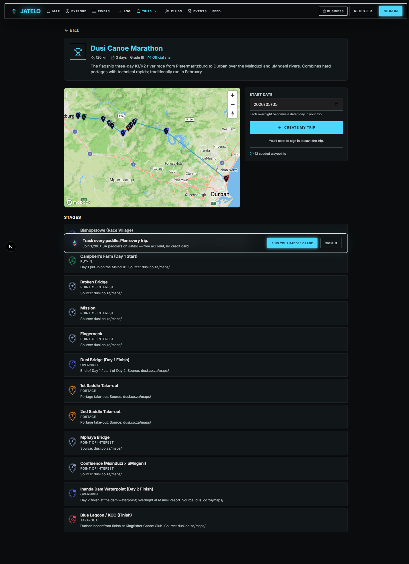 Jatelo trip planner preset page showing the Dusi Canoe Marathon route on an interactive map with overnight stages
